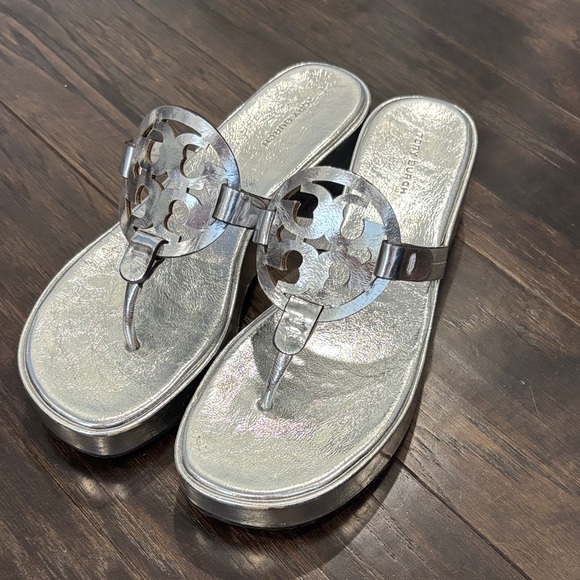 Tory Burch Shoes - Tory Burch Metallic Silver Wedge Miller Sandals